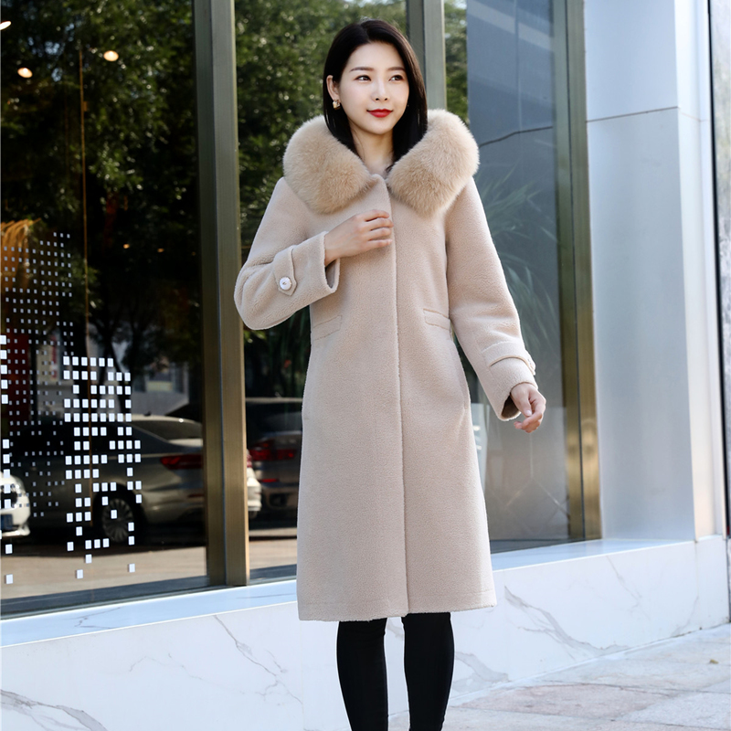 Genuine fox fur collar sheep shearling long wool coat winter fur grain fur all-in-one lamb fur coat