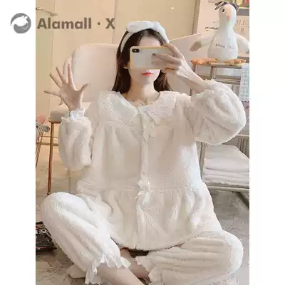 Japanese pajamas coral velvet women autumn and winter plus velvet thickened cute can wear Ins flannel home clothes two-piece set