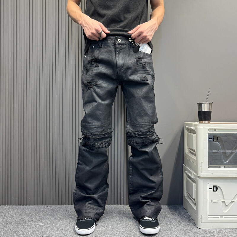 Unique Handmade Waxed Distressed Ripped Jeans with Fringes, Mid-Rise Black Denim Pants