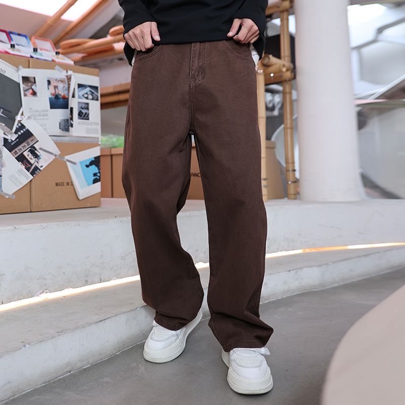 American Retro Jeans for Men, New Autumn and Winter Style, Loose Wide-Leg Coffee-Colored Pants, Melard Straight-Leg Pure Cotton Long Pants