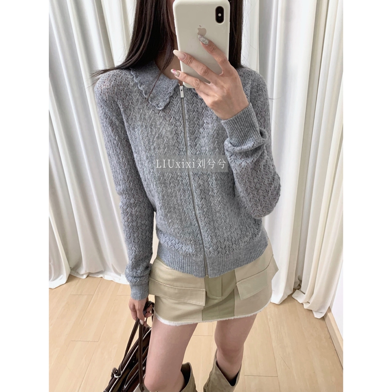 9/17 ~ Ngvy High-Sensitivity Silk Hollow-Out Lapel Letter Patch Zipper Knit Cardigan 26 Autumn