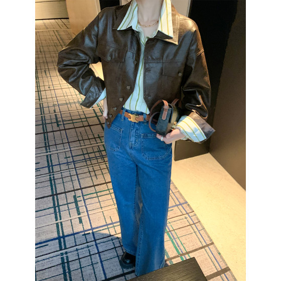 Benxe's retro temperament coffee color lapel leather jacket female spring and autumn high -level sense casual versatile