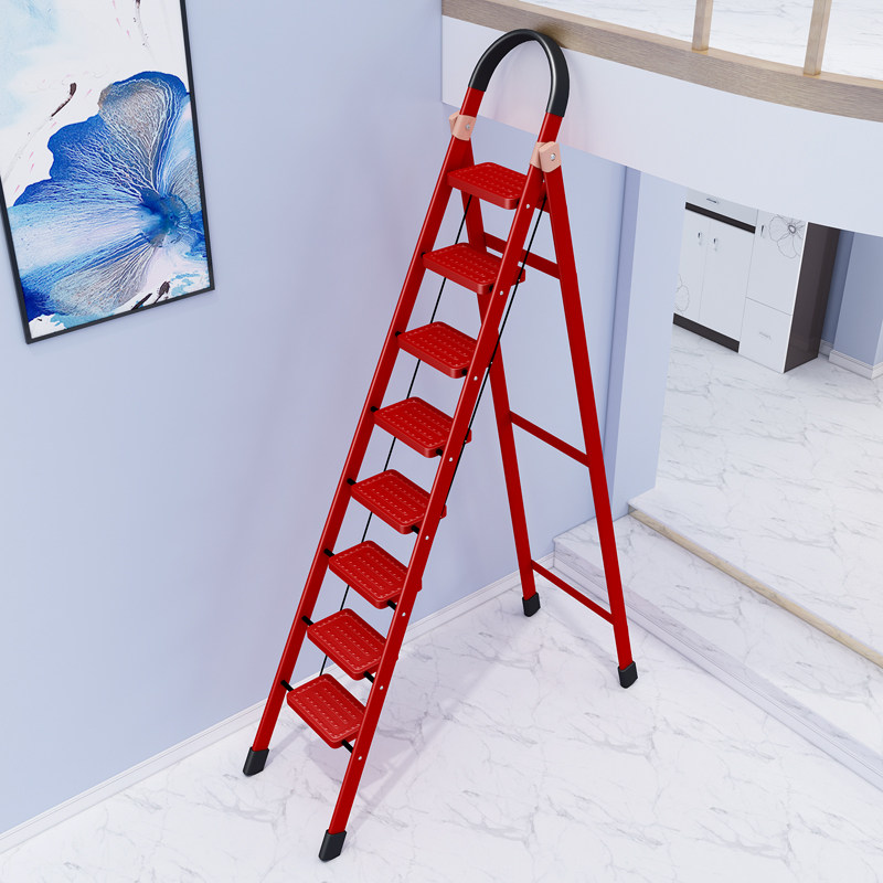 Household aluminum alloy herringbone ladder indoor folding stainless steel thickened seven-step climbing ladder eight-step mobile portable staircase