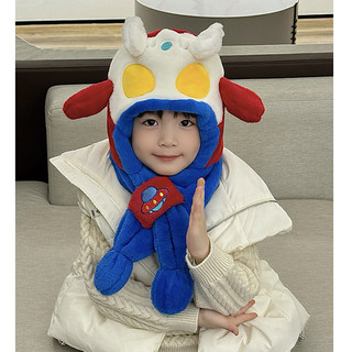 Ultraman hat and scarf all-in-one children's winter scarf, ears can move when pinched, 2025 new style boy treasure winter