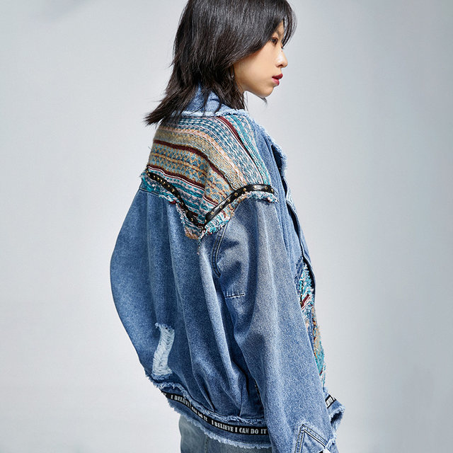 Split silk LIEBOFeng original design 2024 spring loose BF lazy style embroidered rivet denim jacket for women