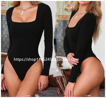 chic Vintage Autumn slim cotton base shirt Square collar basic all-in-one top Long sleeve T-shirt with dark buckle for women