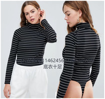 High collar striped T-shirt womens long-sleeved slim autumn and winter triangle one-piece top cotton wild one-piece base shirt women
