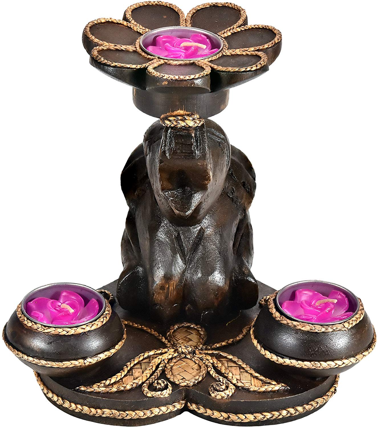 American AeraVida Hand Carved Elephant Flowers Bottom With Three Candle Holder Hem Decorative Artwork