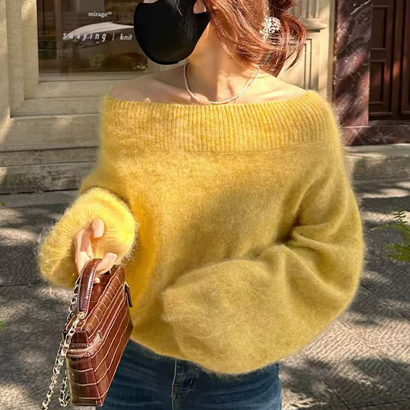 100% Pure Wool Sweater for Women, Machine Washable, Off-Shoulder, Soft and Cozy, Loose and Lazy Style, Brushed Knit Sweater