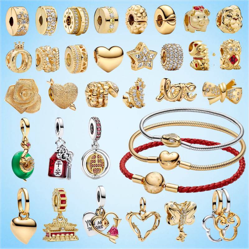 925 Silver Pan-Style Bracelet with Gold Positioning Clasp Beads, Gold Snake, Lucky Cat, Sparkling Rose DIY Loose Beads