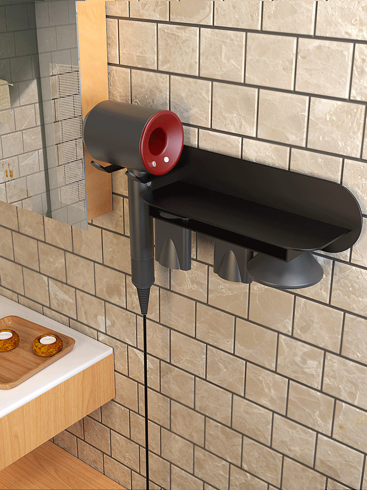 Dyson hair dryer storage shelf Free hole household hair dryer bracket Powder room wall-mounted black hair dryer shelf