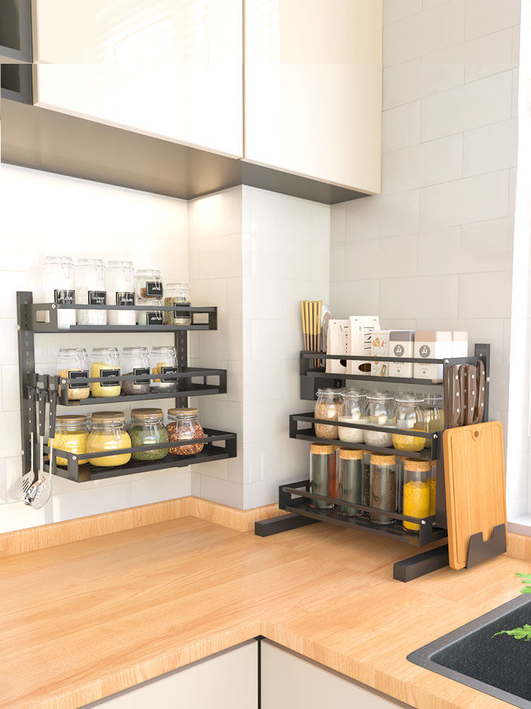 Stainless steel kitchen rack wall hanging wall hole-free flavoring tank shelf storage supplies home