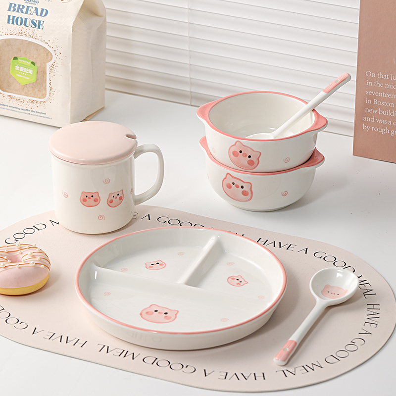 Cute Piggy Divided Plate Ceramic Dinner Plate Ins-Style High Aesthetic Value Weight Loss Meal Sharing Three-Compartment Plate for One Person Tableware