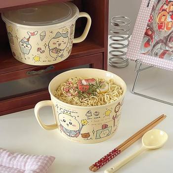 Ins creamy style cute wusach instant noodles bowl high-value ceramic rice bowl with cover new student single handle bowl