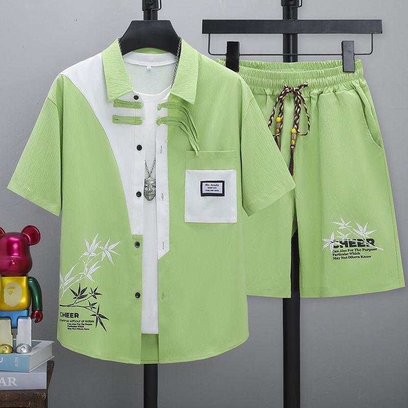 New Chinese Style Casual Shirt Set for Men, Summer Trendy Brand Ice Silk Short-Sleeve Shorts, National Trend Cool Two-Piece Set