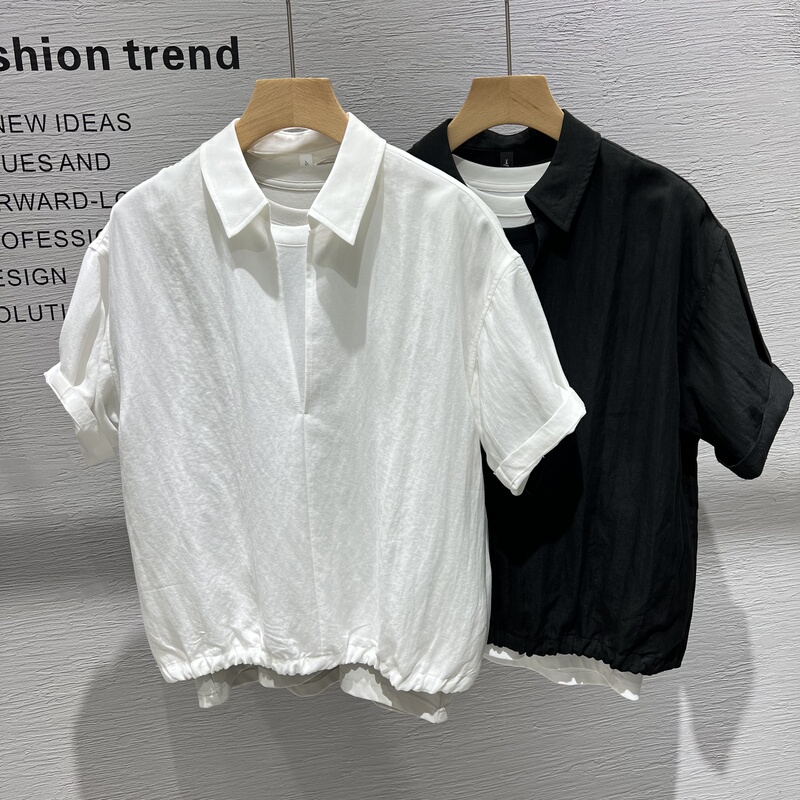 Summer High-End Spliced Faux Two-Piece Lyocell Lapel Short-Sleeve Shirt for Men, Korean Style, Loose and Versatile, Sun-Protective Trendy Shirt Summer High-End Spliced Faux Two-Piece Lyocell Lapel Short-Sleeve Shirt for Men, Korean Style, Loose and Versatile, Sun-Protective Trendy Shirt