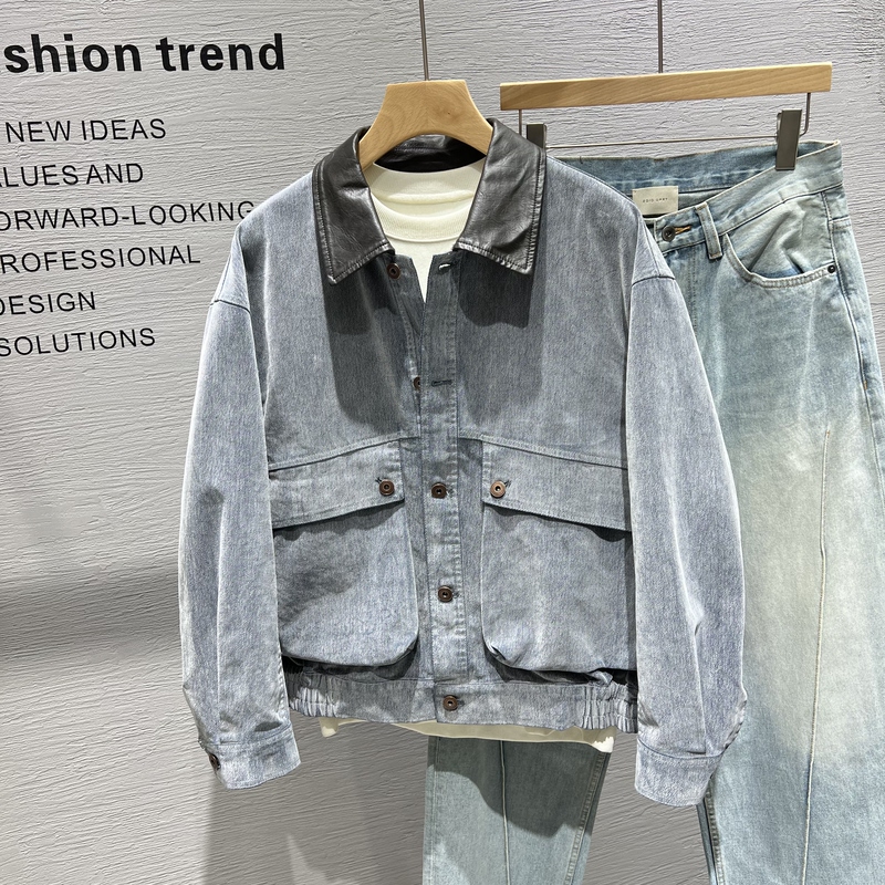 Old Money Style Retro Pu Leather Collar Patchwork Large Pocket Workwear Denim Jacket for Men, Spring Heavy-Duty Washed Gradient Coat