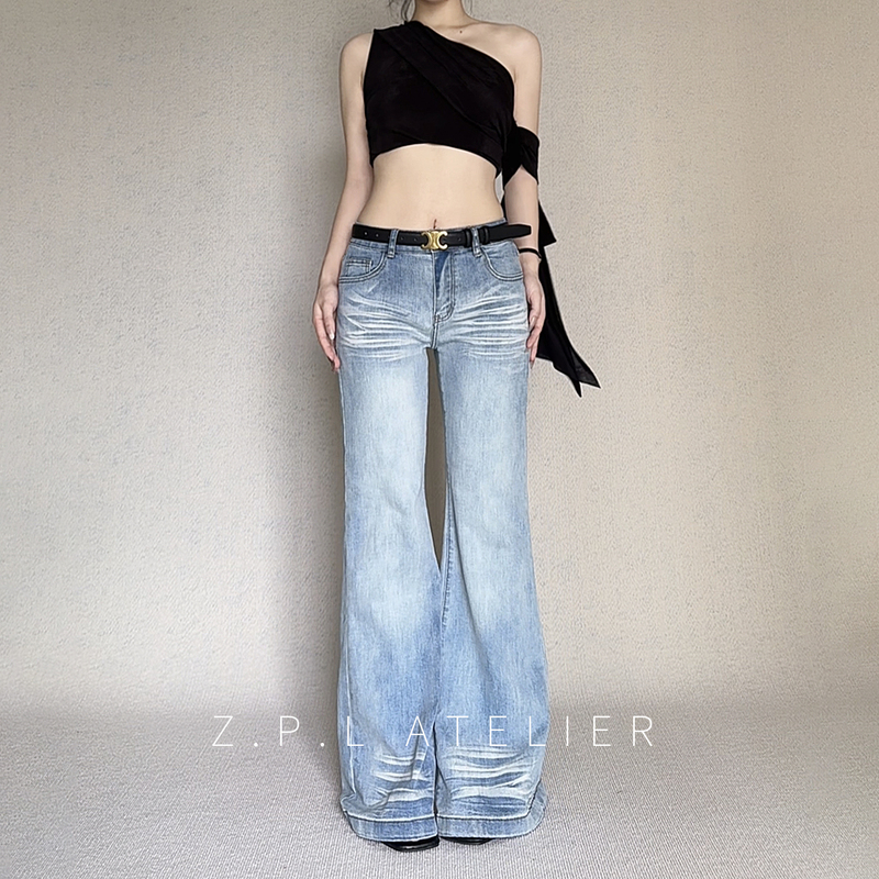 Zpl Atelier Whiskered Washed Tencel Jeans for Women, Summer Low-Waist Loose Fit, Straight-Leg, Slightly Flared Pants