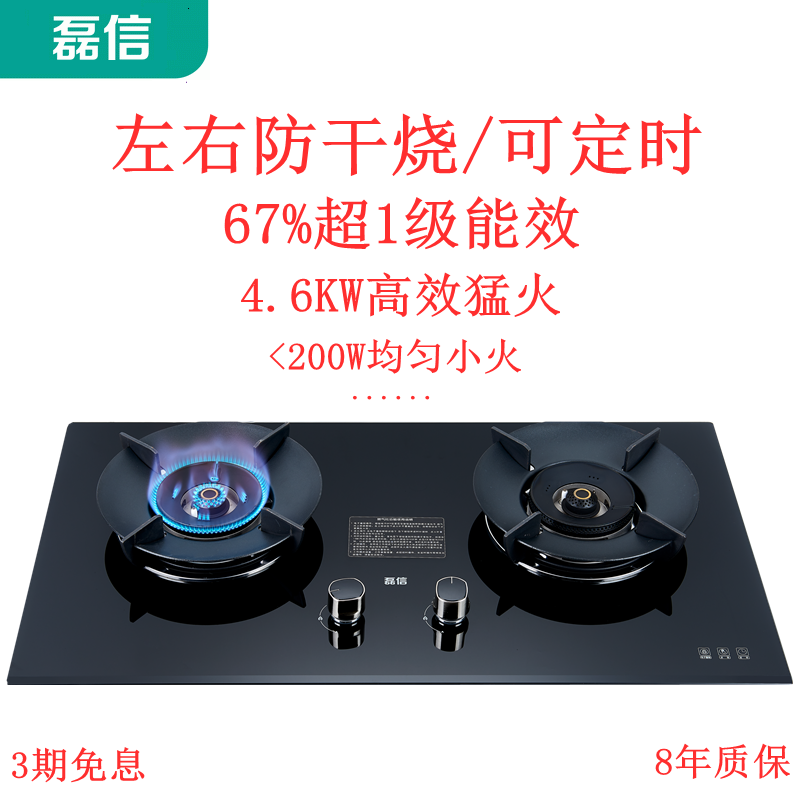 Lei Xin L3B001 double-port gas stove gas timing anti-dry forget to turn off automatic gas off table glass-embedded elderly gas stove