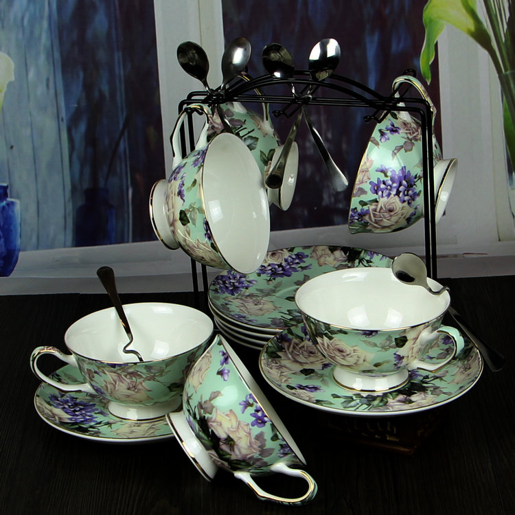 Ceramic European Style Coffee Cup English-style Afternoon Tea Cup Creativity 6 Pieces Of Bone China Porcelain Fields Garden Coffee Furniture With Shelf Suit