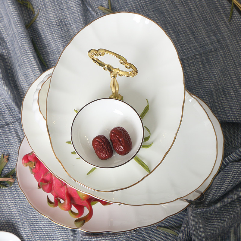 European-style three-layer fruit plate bone china cake snack plate creative Phnom Penh oval dried fruit rack afternoon tea snack rack