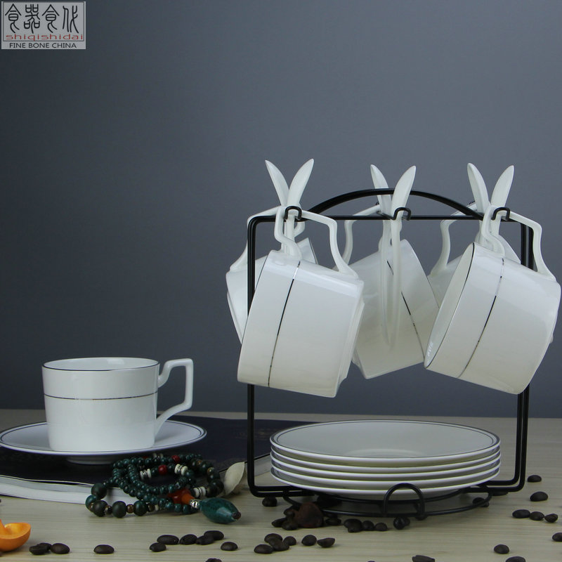 Simple European-style bone china coffee cup creative ceramic afternoon tea cup office 6-piece set of silver edge coffee cup and saucer set