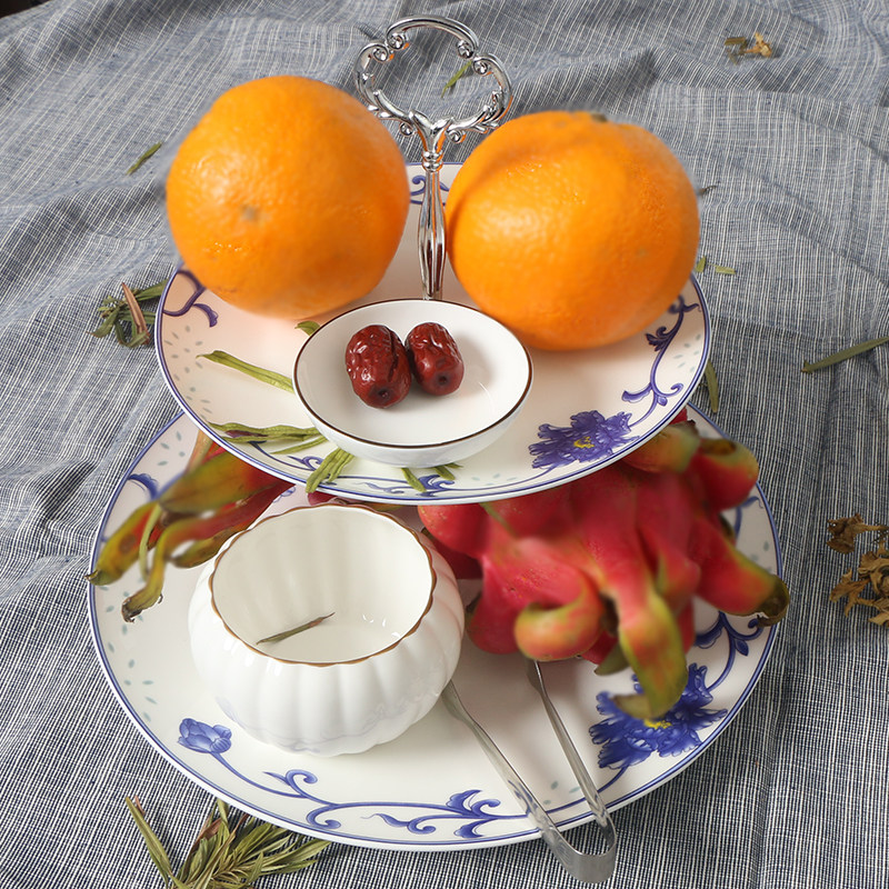 Bone China Green Flowers 2nd Floor Fruit Shelf Afternoon Tea Pastry Dish Home Wenya Dried Fruit Tray Chinese Double snack shelf