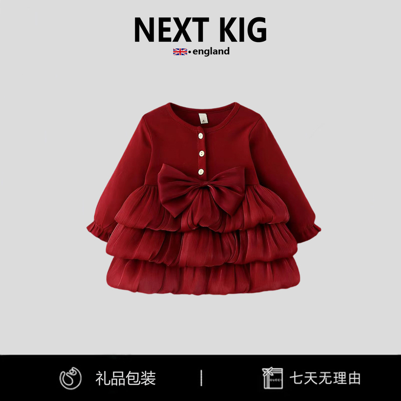 British Next Kig Baby Mesh Dress Spring & Fall Bow-Knot Baby Girl Red Princess Dress One-Year-Old Dress