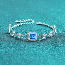 S925 sterling silver hand-inlaid moissanite bracelet sapphire blue color square double chain simple new trendy gift