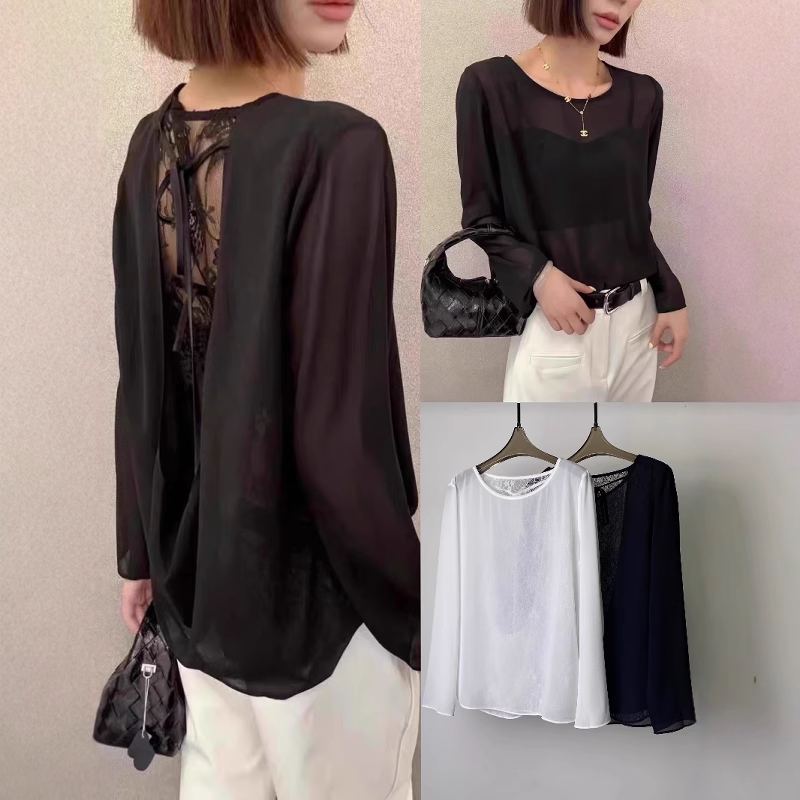 Hangzhou Rayon Georgette Shirt for Women 2026 Summer New Fashion Round Neck Back Hollow-Out Lace Patchwork Sun Protection Shirt