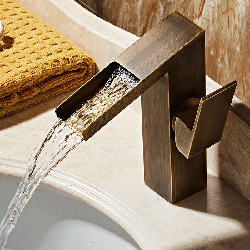 All copper antique faucet basin Hot and cold faucet European table basin Retro simple waterfall faucet Powder room
