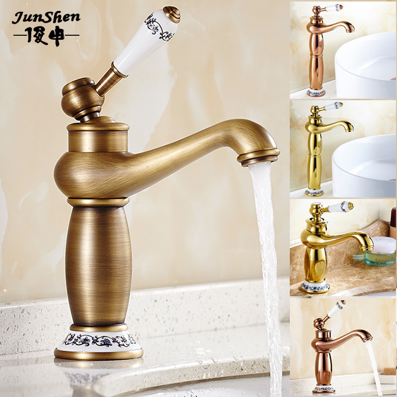 European antique faucet Full copper gold wash basin faucet Hot and cold retro black powder room faucet