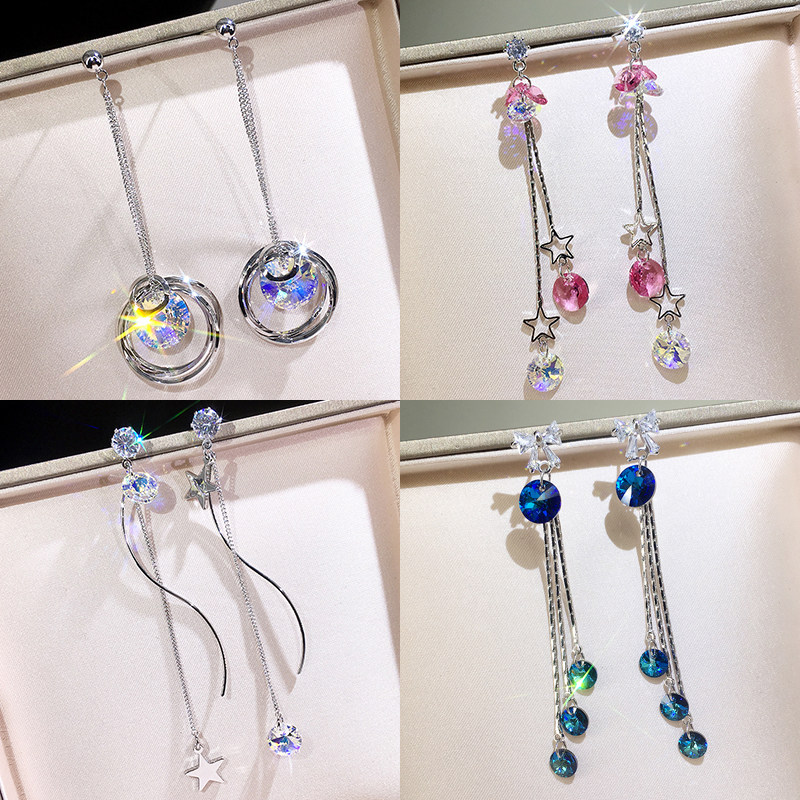 Austrian Crystal Silver Needle Ear Pin Female Temperament Korea Personality Brief About 100 Hitch Pendant Ins Earrings Girl Earrings