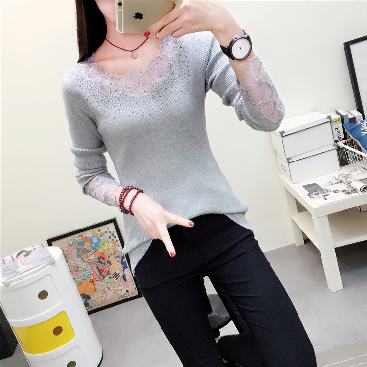 Áo len mùa thu đông màu đen dệt kim nữ Slim 2018 mới set áo ngắn tay ngắn thêu ren cổ tròn áo len nữ form rộng
