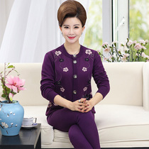 Middle-aged open-chest warm suit plus velvet mother outfit elderly button autumn clothes autumn pants womens warm clothes