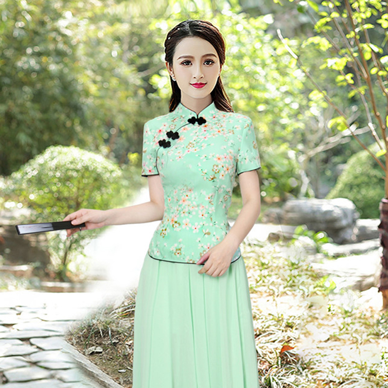Cải thiện Tang chiếc váy của phụ nữ phong cách retro, ngắn quần áo trà phụ nữ váy mùa hè gió quốc gia sườn xám đầu cỡ lớn của Trung Quốc phụ nữ
