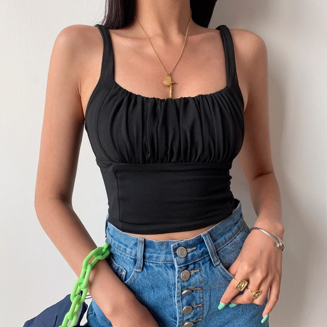 LIVIA Hot Girl Top Matching~European and American Sexy pleated Short Square Neck Camisole Top Women's Summer Outerwear Ins