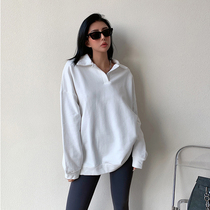 liviahome American retro polo collar white sweatshirt woman long sleeve loose with lazy wind and thin overcoat