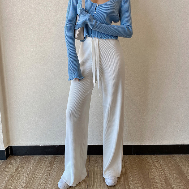 liviahome drape white knitted wide-leg pants women's autumn and winter high-waisted thin and long straight-tube mopping pants ins