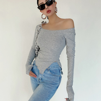 liviahome wave sexy side open fork beat bottom T-shirt woman pure color swarm with slim round collar long sleeve short