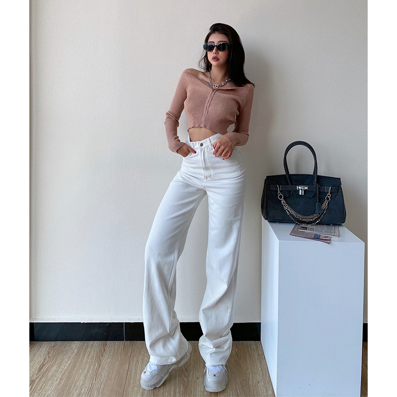 liviahome leg long mopping jeans women high waist thin white straight lengthened pants female tide ins