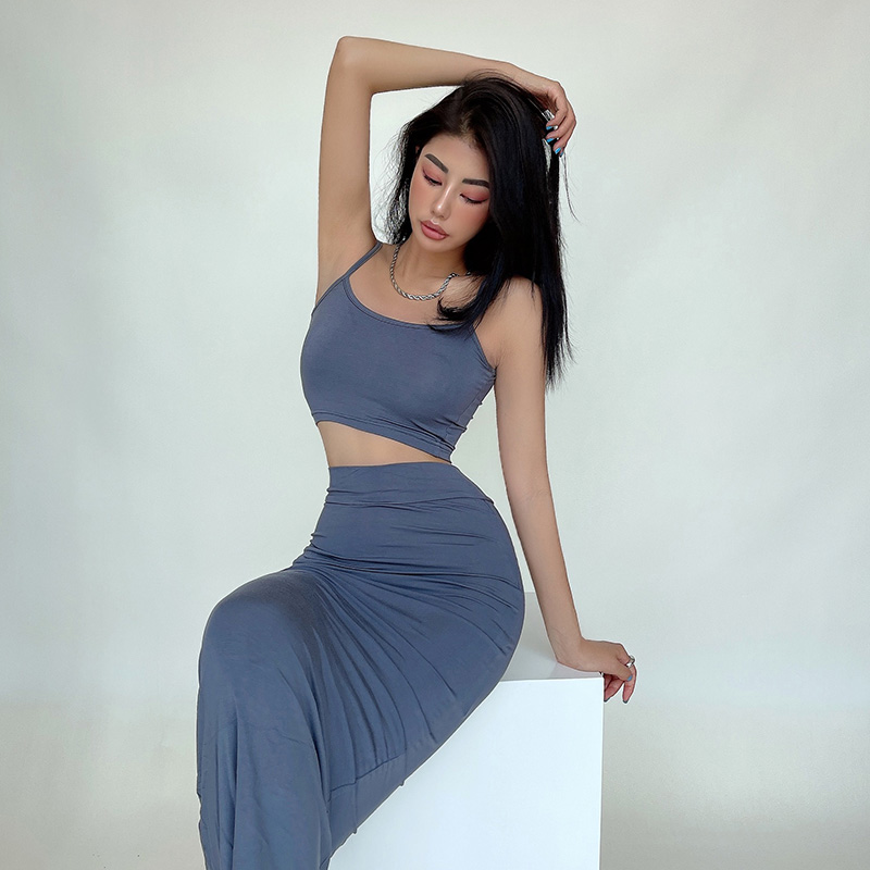 liviahome American sexy tight dew-cord vest high purse hip half body skirt long dress Two sets of summer