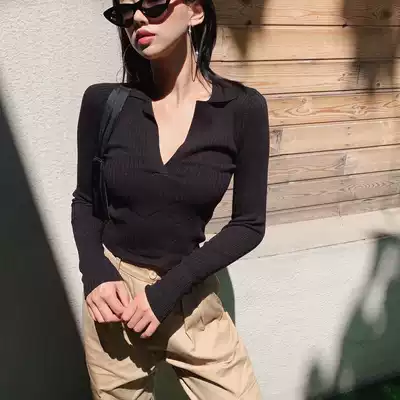 LIVIA short polo knitted long-sleeved inner jacket 2021 spring slim V-neck thin temperament outer jacket