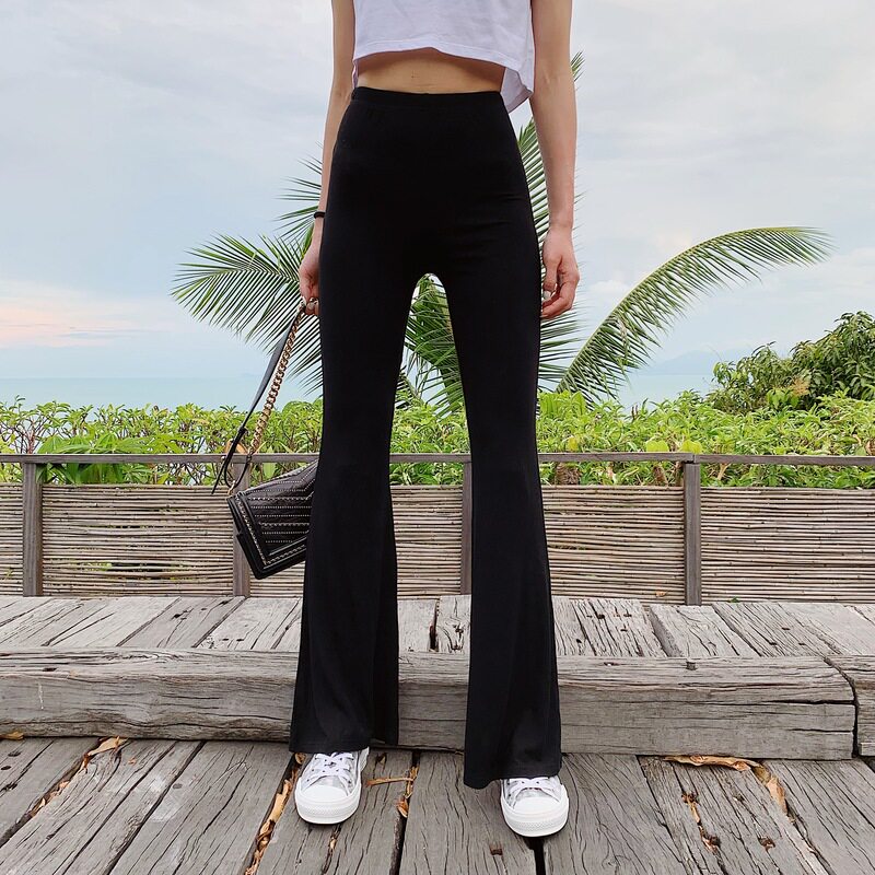 liviahome black high elastic knit horn pants woman high waist display slim fit net red tight trousers Chains