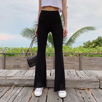 liviahome black high stretch knit flared pants womens high waist thin drape Net red tight pants tide ins