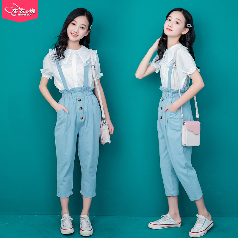 Girl's summer clothing suit 2022 new 12 grand fairytale 13 girls' online red summer women's clothes with baby bag pants 15 years old