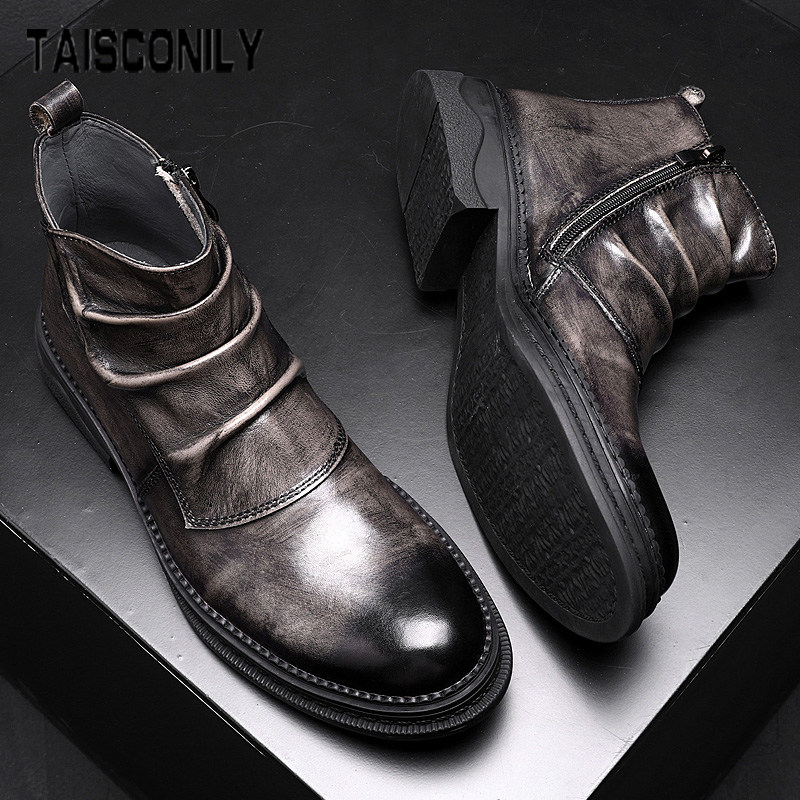 Chelsea boots men's handmade leather boots zipper thick bottom retro British mid-tube leather boots short boots Martin boots men