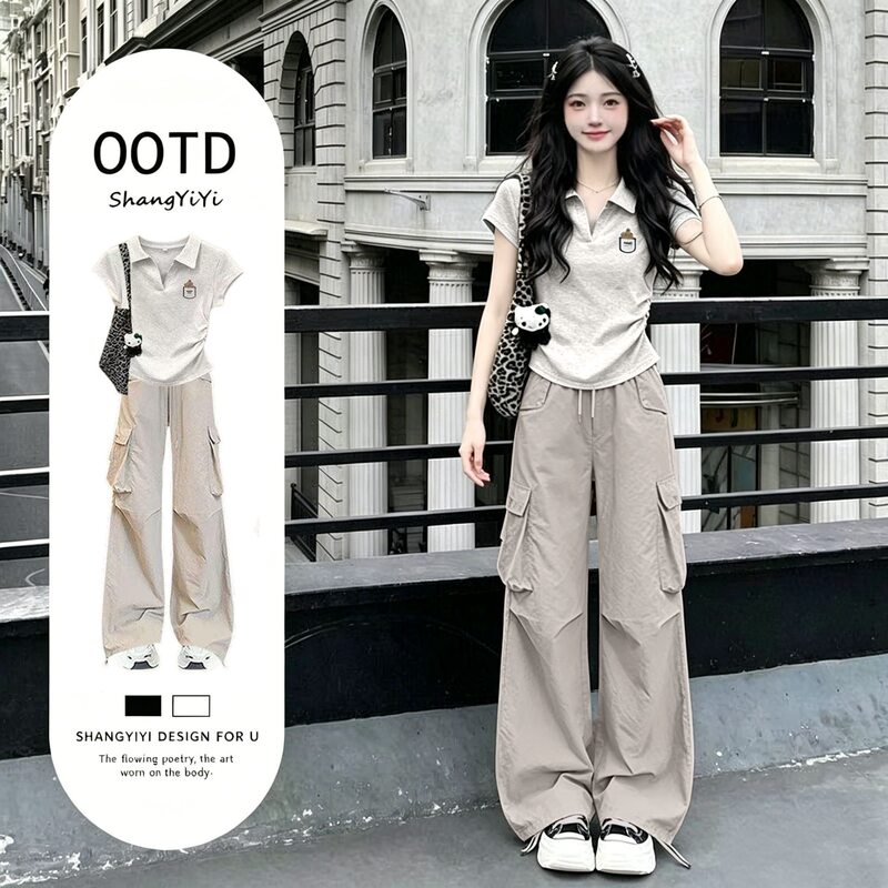 Summer Salt-Sweet Polo Collar Short-Sleeved T-Shirt Set for Female Students, Fashionable Korean Style Casual Sports Overalls Two-Piece Set