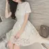 2018 mùa hè mới của phụ nữ Hàn Quốc thời trang hoang dã ngắn tay móc trở lại đầm ren Một từ pettiskirt