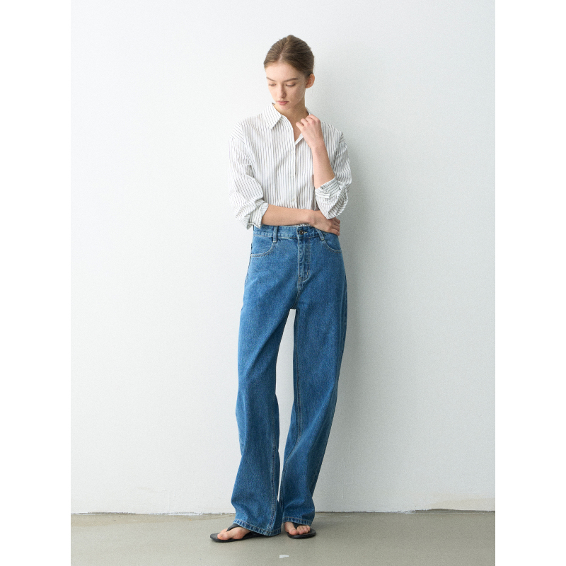 The Elves|2026 Early Spring Vintage Blue Solid Color Casual High-Waisted French Wide-Leg Straight Jeans Yc11 The Elves|2026 Early Spring Vintage Blue Solid Color Casual High-Waisted French Wide-Leg Straight Jeans Yc11